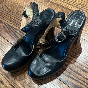 Frye Black Leather Heels with Woven Strap
